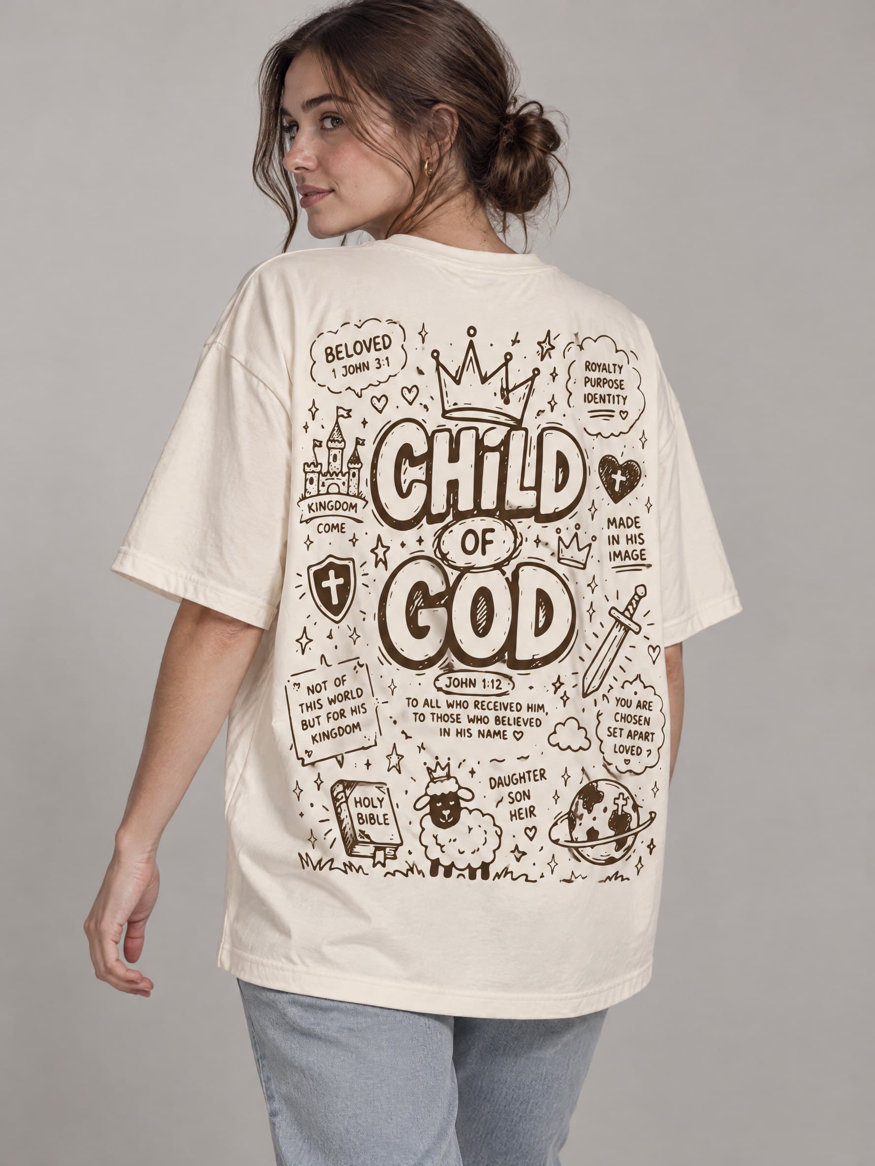 Camiseta Child of God doodle, estampado completo en la espalda